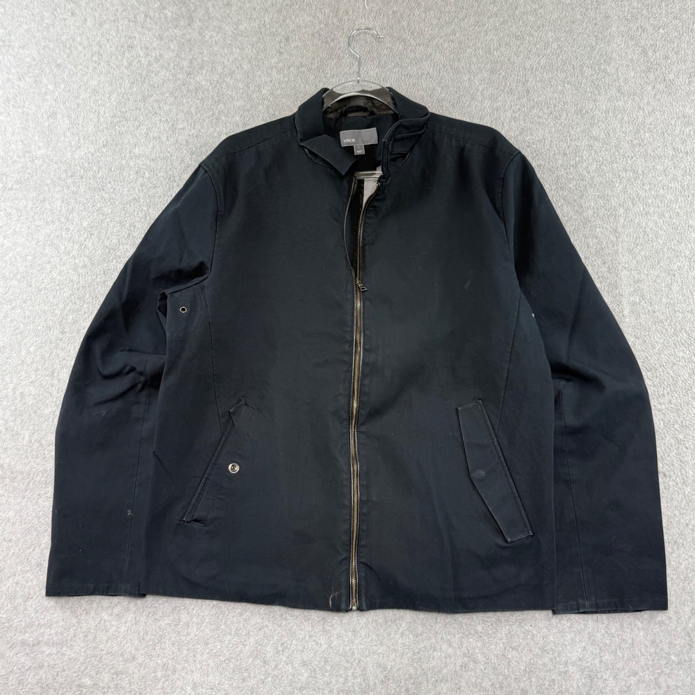 Vince Full Zip Jacket Mens Large Black Cotton Leather Trim Full Zip Minimalist
